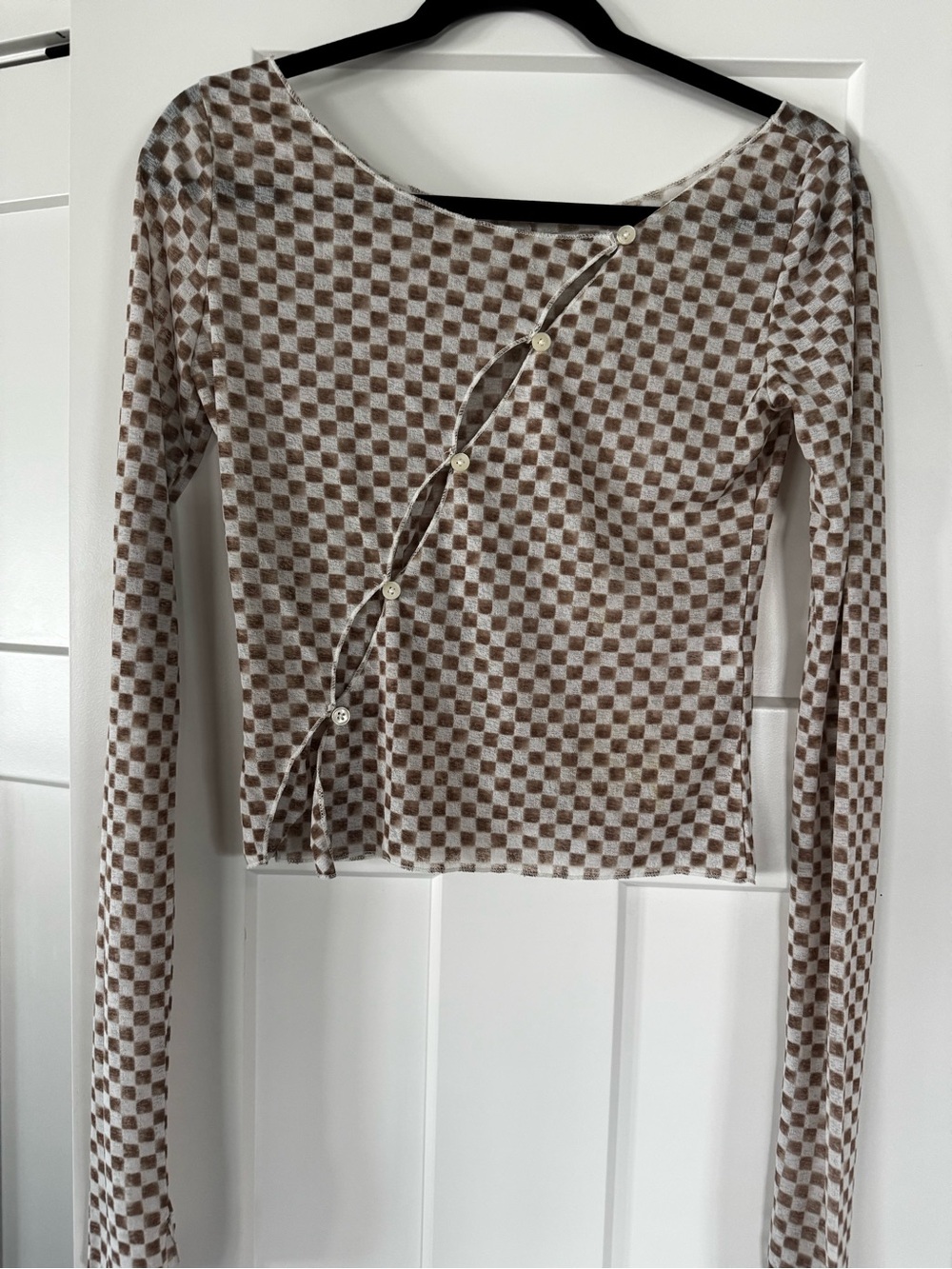 Checked Brown & Cream Long-Sleeve Crop Top
